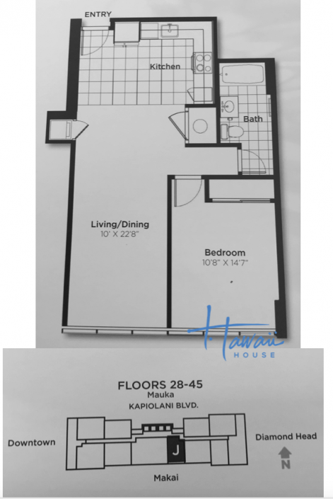 Pacifica Honolulu floor plans condo type J , Makai view, floors 28-45