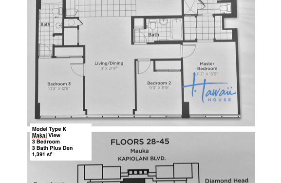 Pacifica Honolulu floor plan condo type K , Makai, floors 28-45